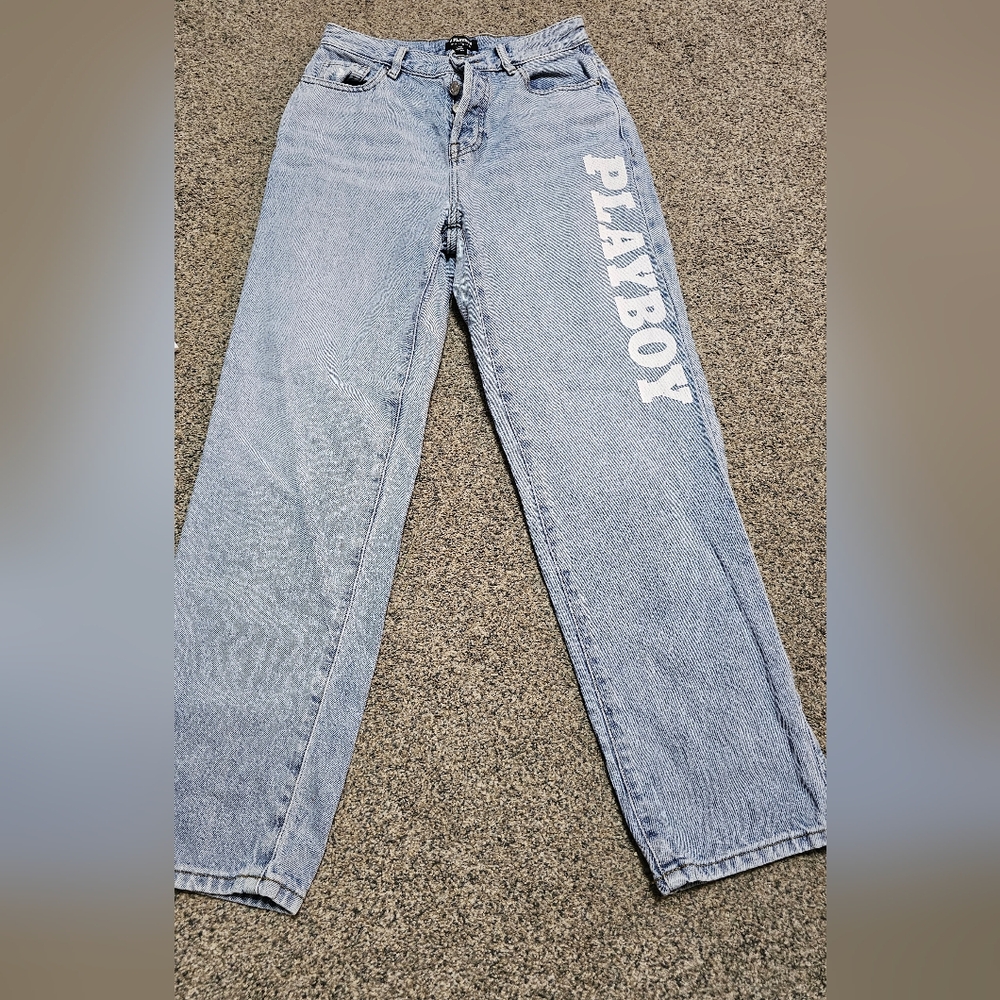 The Playboy by PacSun Light Blue High Waisted Straight Leg Jeans have a statemen - Picture 1 of 6